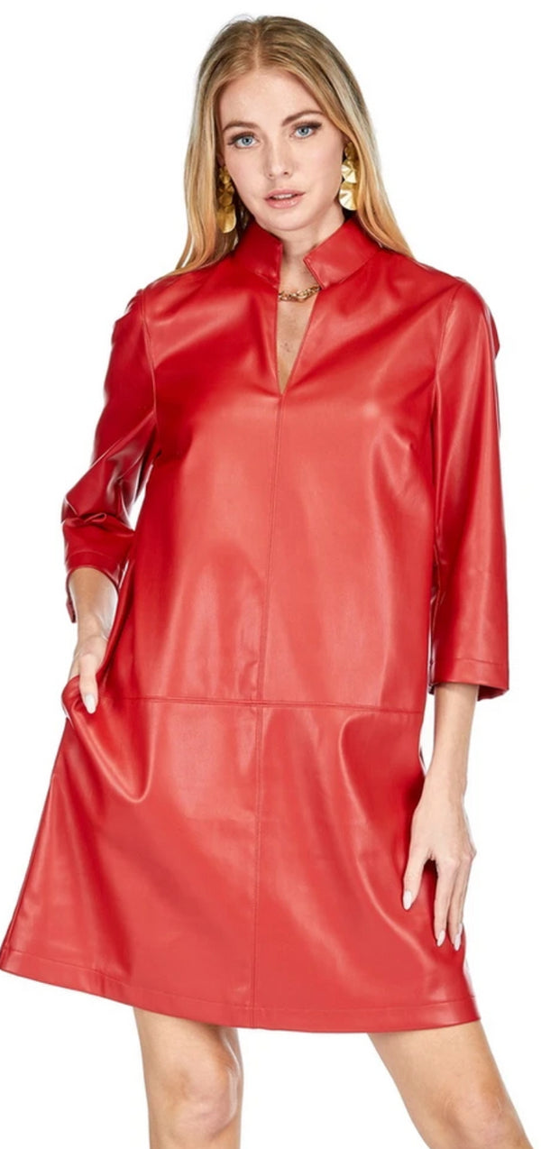 Red Pleather Dress with Stand Collar