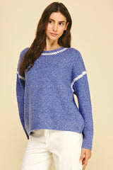 Blue Stitch Embroidered Detail Knit Sweater