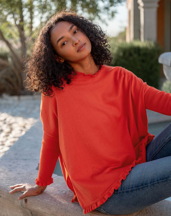Catalina Cotton Ruffle Sweater in Desert Red (One Size)