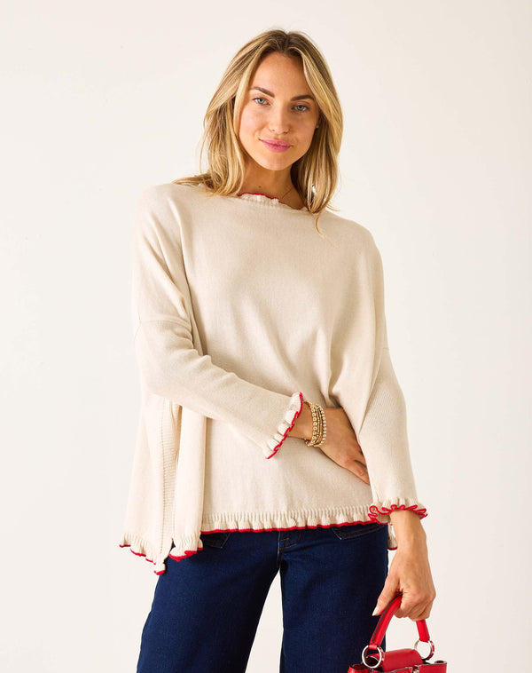 MERSEA Catalina Cotton Ruffle Sweater in Warm Cream + Ribbon Red