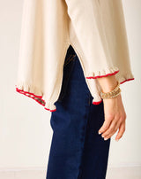 MERSEA Catalina Cotton Ruffle Sweater in Warm Cream + Ribbon Red