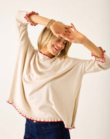MERSEA Catalina Cotton Ruffle Sweater in Warm Cream + Ribbon Red