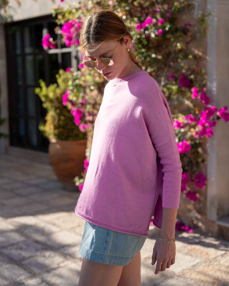 Catalina Cotton Crewneck Sweater in Razzle Pink (Two Size Options)