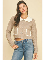 Collared Cardigan with Patch Pockets in Taupe and Ivory
