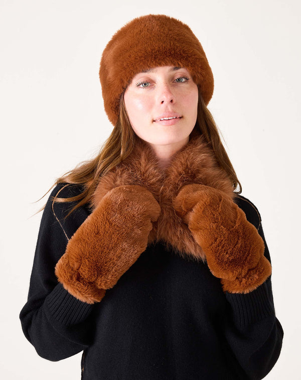 Cozy Cabin Faux Fur Mittens in Ginger with Navy Lining