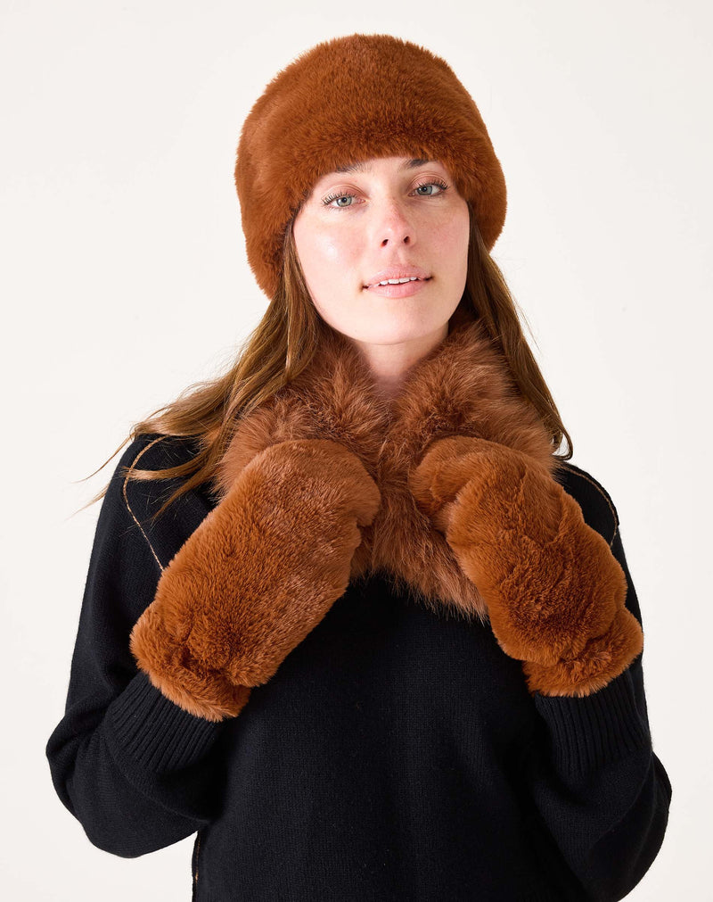 Cozy Cabin Faux Fur Mittens in Ginger with Navy Lining