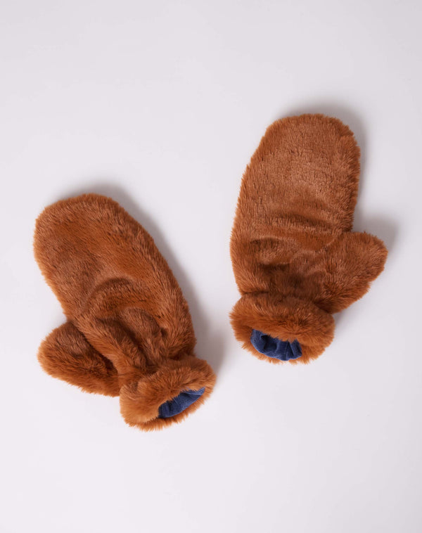 Cozy Cabin Faux Fur Mittens in Ginger with Navy Lining