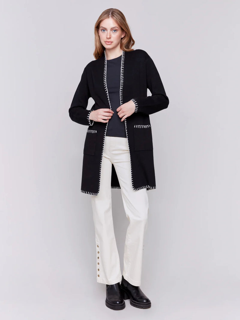 Charlie B Blanket Stitch Long Cardigan in Black