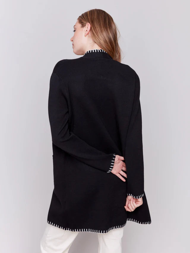 Charlie B Blanket Stitch Long Cardigan in Black