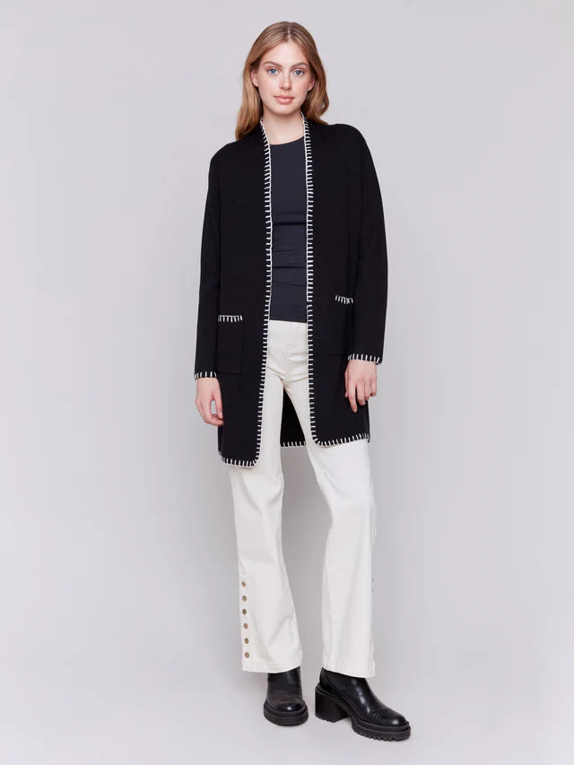 Charlie B Blanket Stitch Long Cardigan in Black