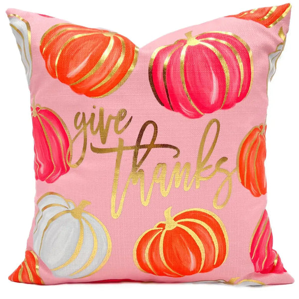 Gold Foil Pink Give Thanks Pumpkins Pillow