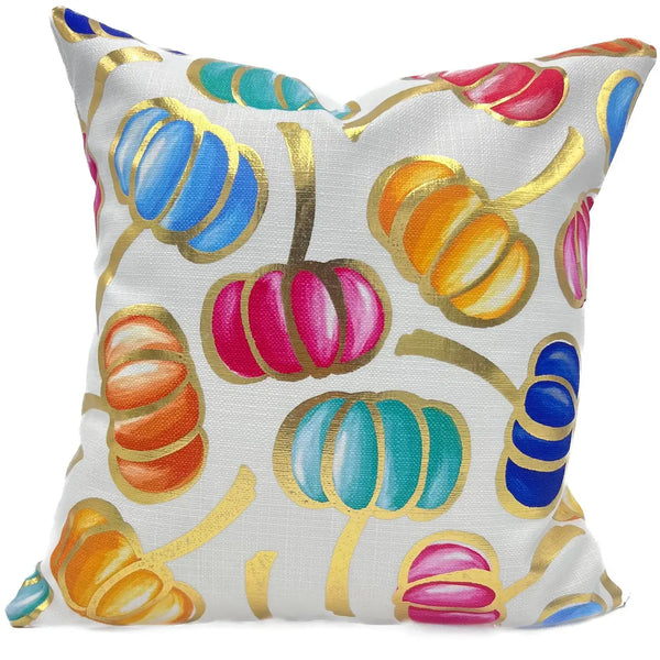 Golden Colorful Falling Pumpkins Pillow