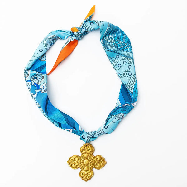 Blue Scarf Necklace with Andrea Cross