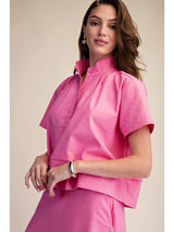 Stand Collar Short Sleeve Stitch Detail Shirt in Pink