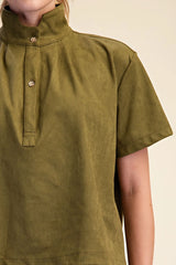 Olive Suede Stand Collar Short Sleeve Blouse