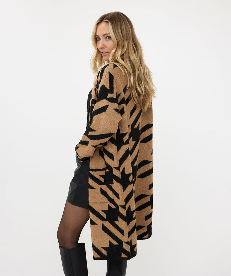 Long Jacquard Cardigan in Black & Brandy