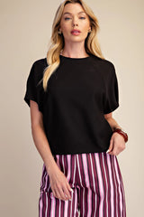 Black Round Neck Puff Short Sleeve Pullover Top