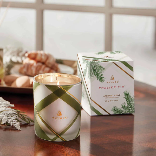 Thymes Frasier Fir Frosted Plaid Votive 2oz