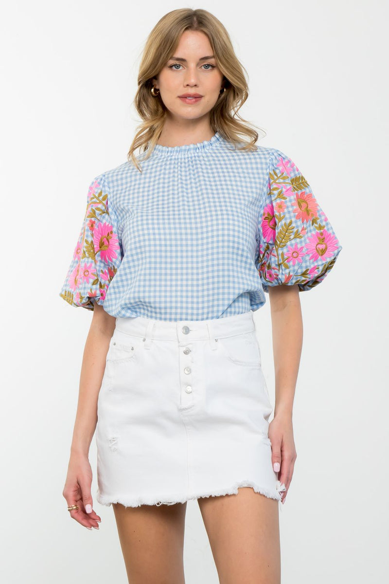 Embroidered Puff Sleeve Gingham Top