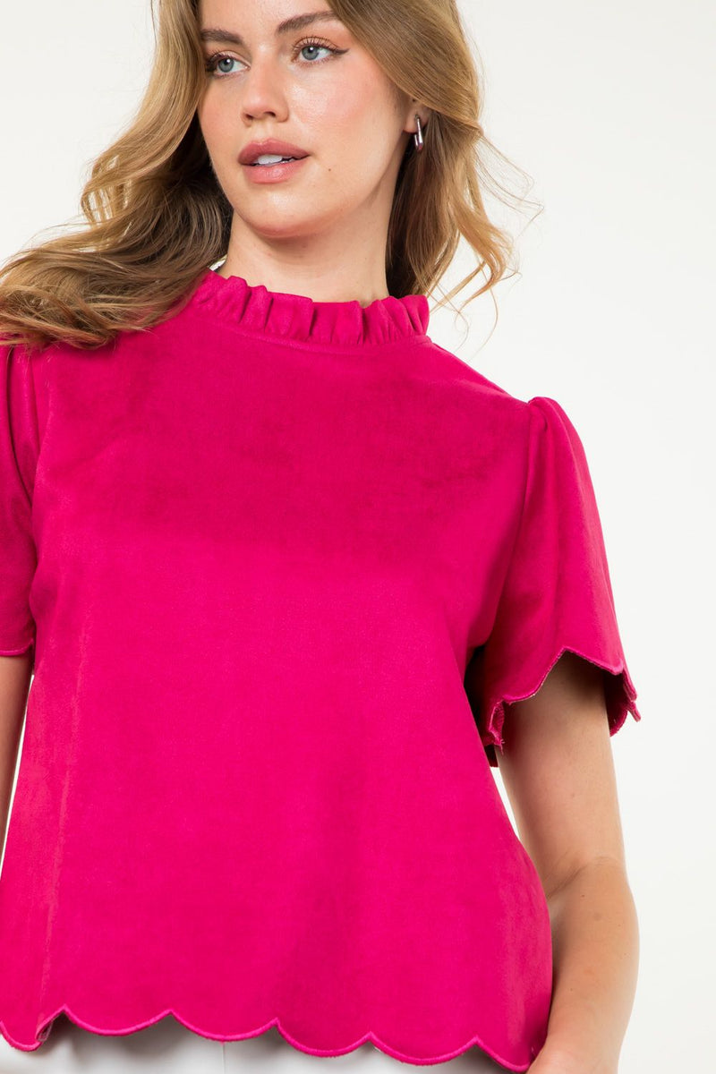 Pink Scalloped Edge Short Sleeve Suede Top