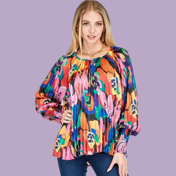 Blooming Art Pleated Bishop Sleeve Top