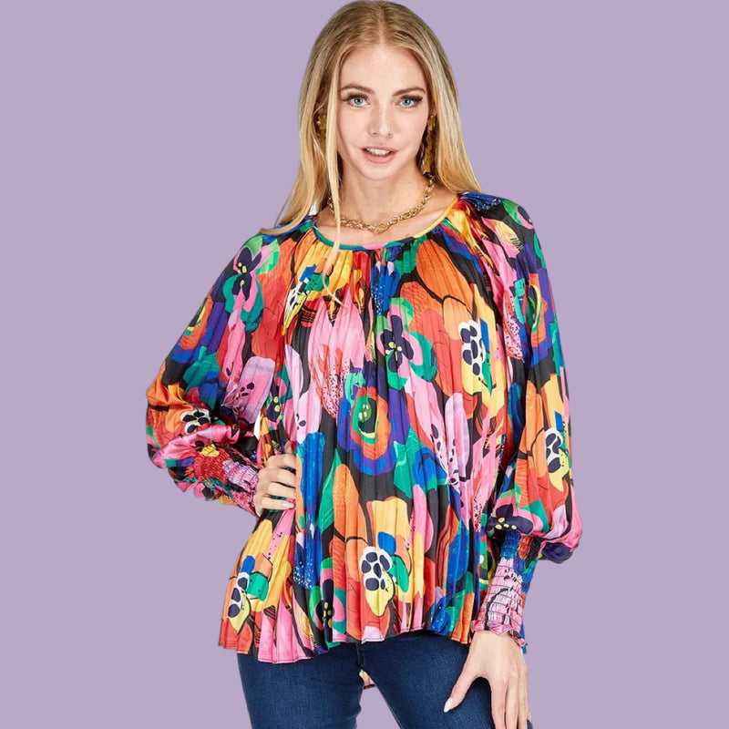 Blooming Art Pleated Bishop Sleeve Top