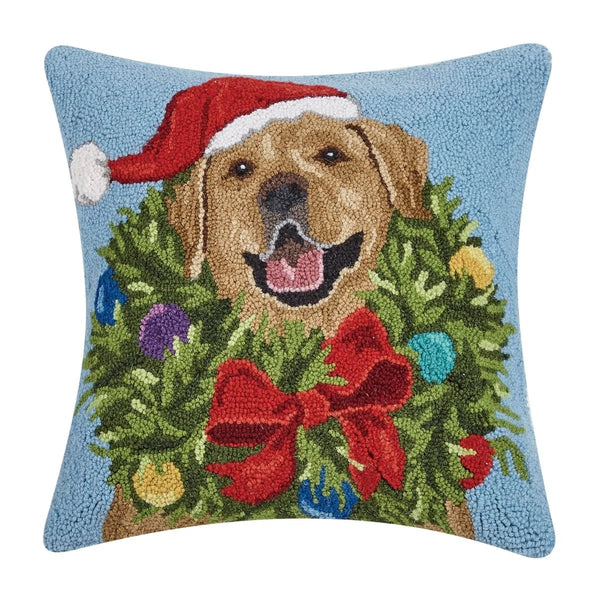Santa Golden Labrador Wreath Pillow