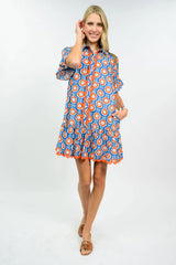Scalloped Shirt Dress in Blue and Orange