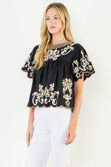 Short Sleeve Embroidery Detail Top in Black