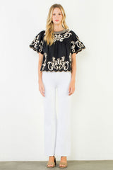 Short Sleeve Embroidery Detail Top in Black