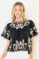 Short Sleeve Embroidery Detail Top in Black
