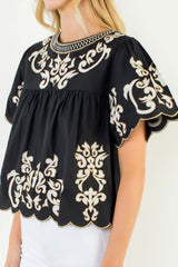 Short Sleeve Embroidery Detail Top in Black