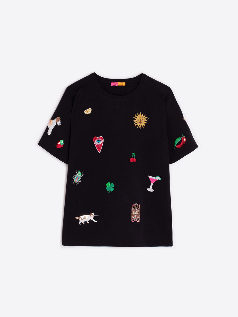 Vilagallo Black Embroidered Tee