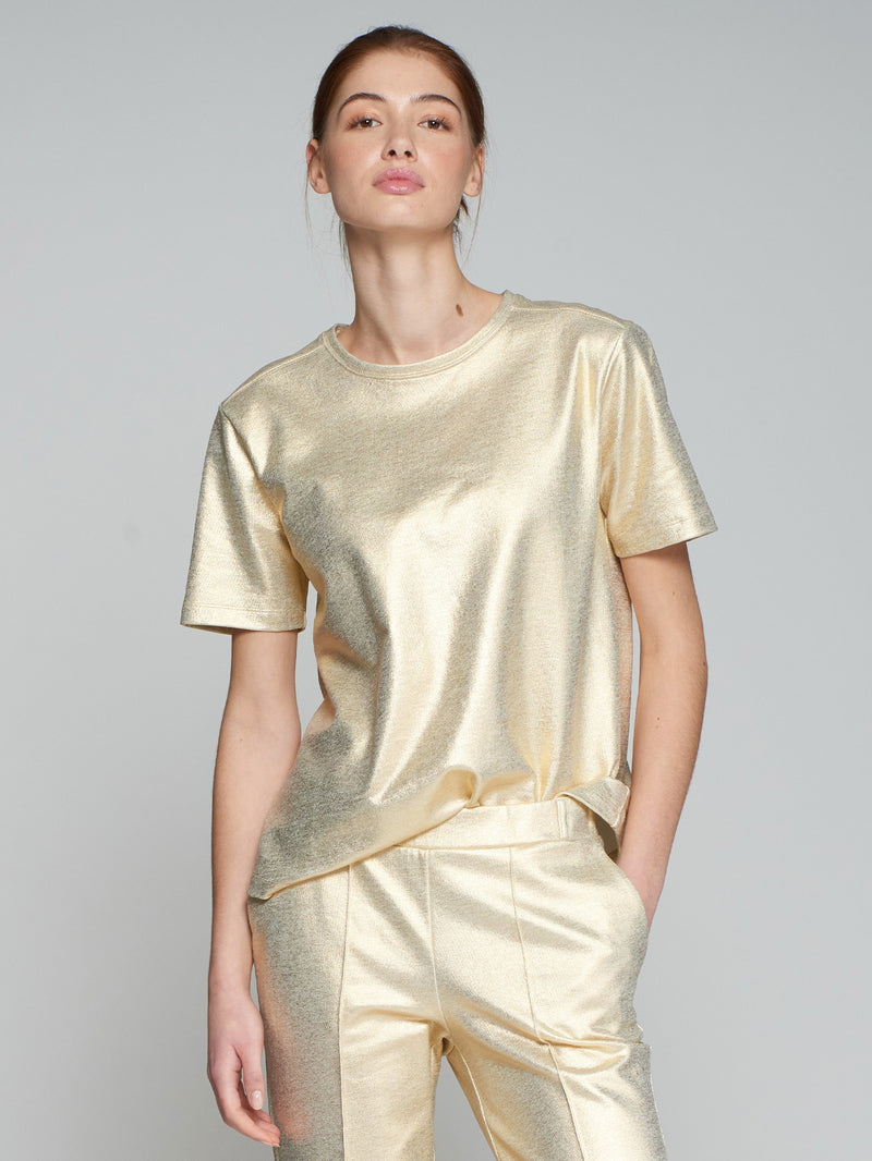 Vilagallo Amalia Metallic Gold Stretch T-Shirt