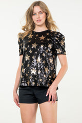 Black Sequin Gold Star Top