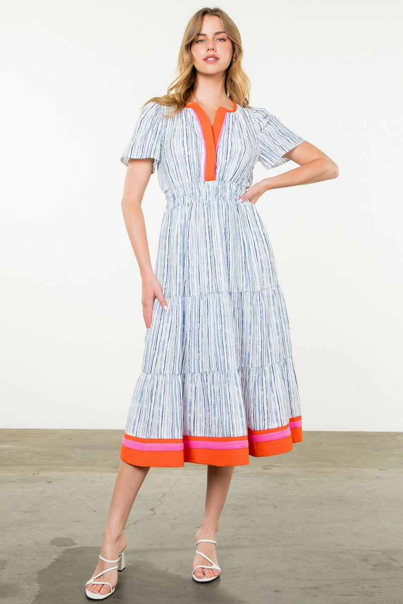 Blue and White Striped Midi Dress with Pink & Orange Collar