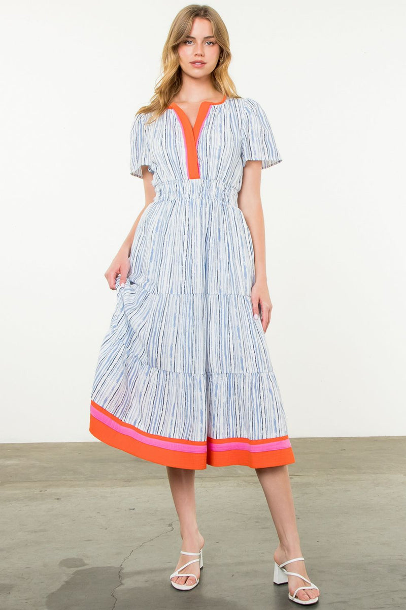 Blue and White Striped Midi Dress with Pink & Orange Collar