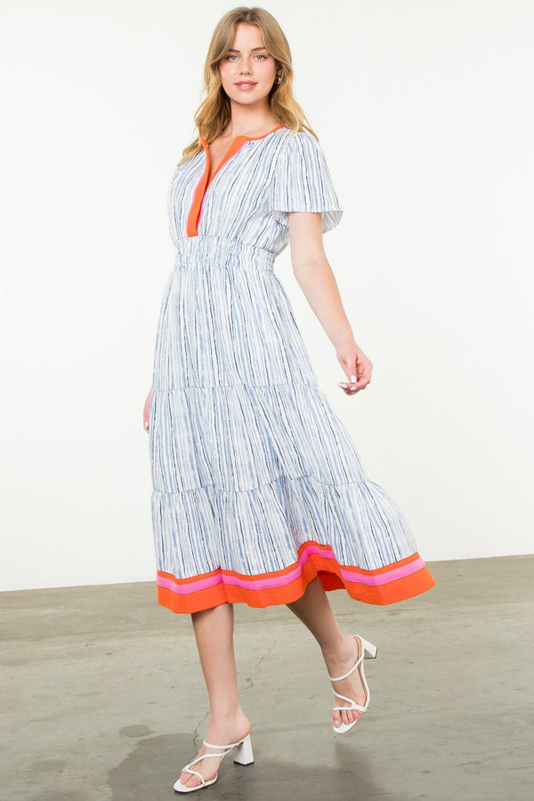 Blue and White Striped Midi Dress with Pink & Orange Collar