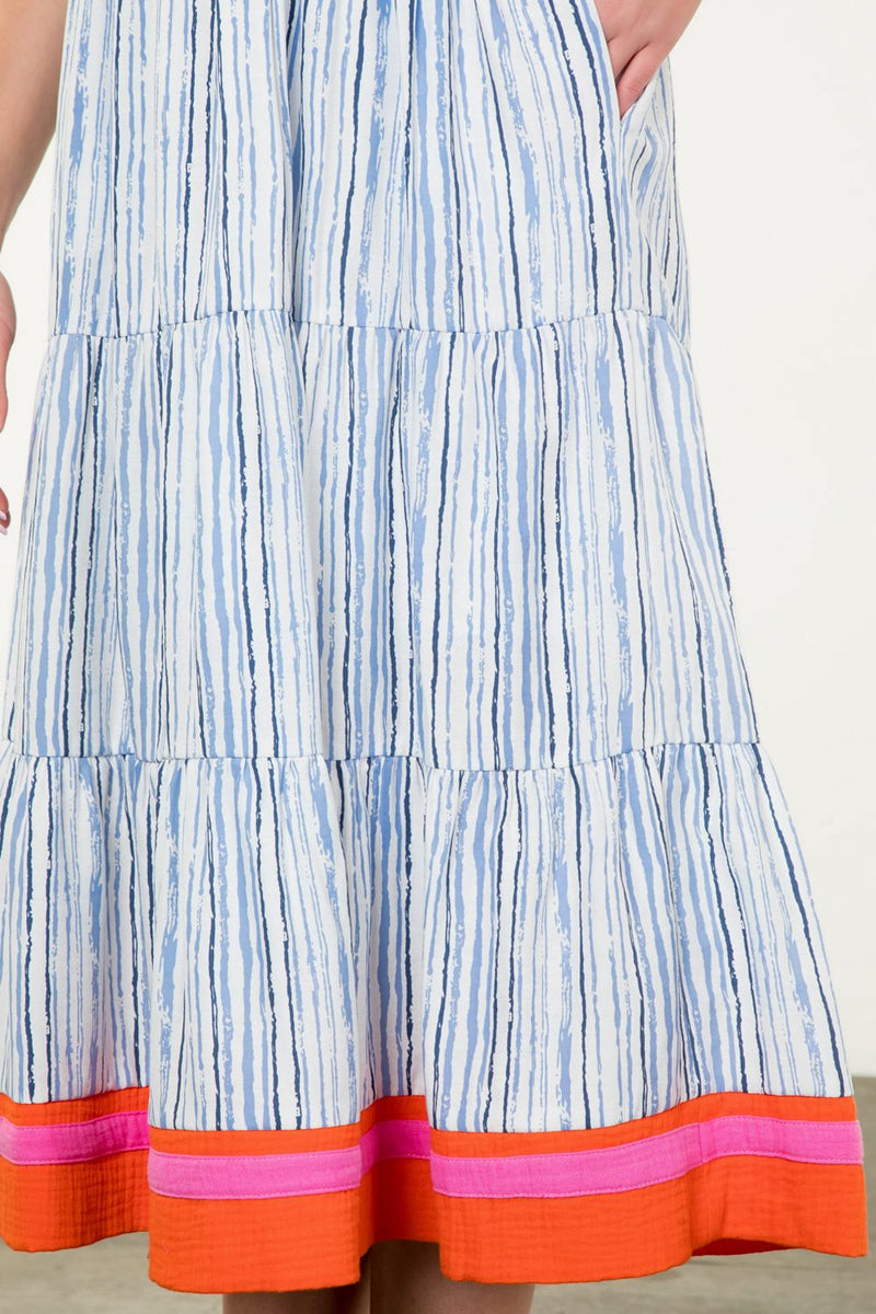 Blue and White Striped Midi Dress with Pink & Orange Collar