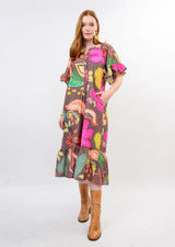 Brown and Pink Patio Midi Dress