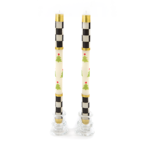Mackenzie Childs Christmas Tree Dinner Candles in Check Bands - Set of 2