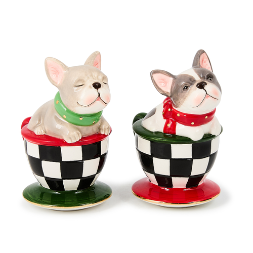 Mackenzie Childs Check It Out French Bulldog Salt & Pepper Set