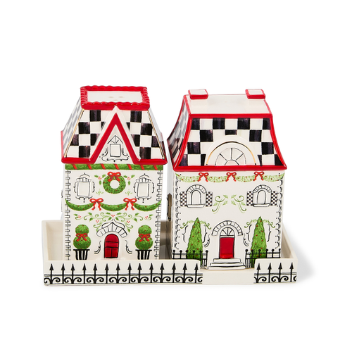 Mackenzie Childs Holly Village Salt and Pepper Set
