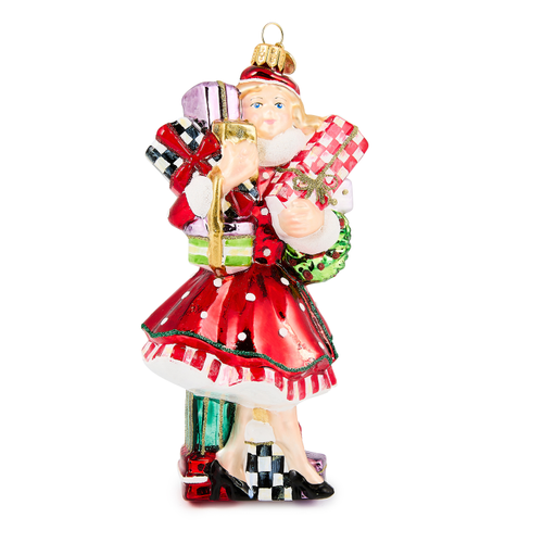 Mackenzie Childs Check It Out Shopper Lady Glass Ornament