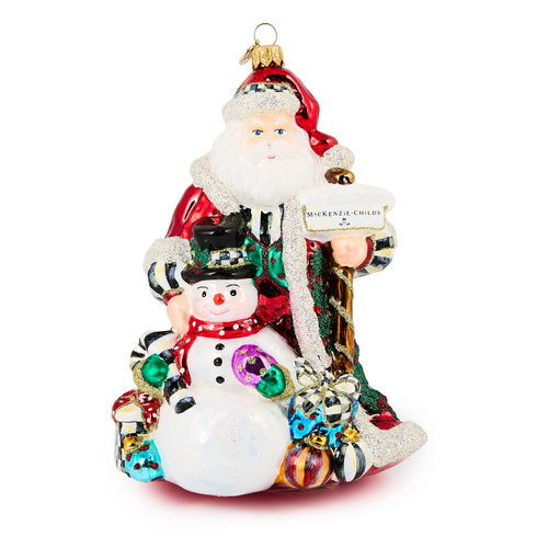 Mackenzie Childs Santa and Snowman Glass Ornament