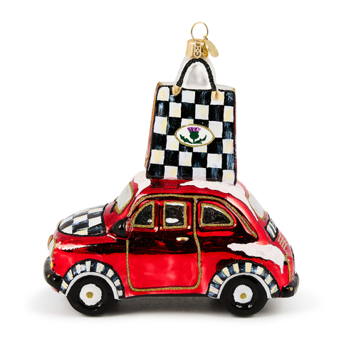 Mackenzie Childs Christmas Shopping Car Glass Ornament
