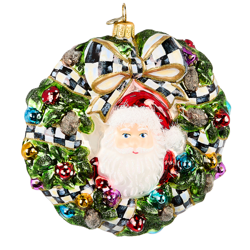 Mackenzie Childs 2025 Here Comes Santa Wreath Glass Ornament