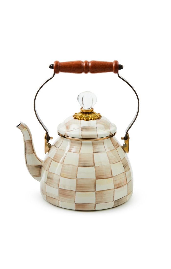 Mackenzie Childs Mocha Check 2 Quart Tea Kettle