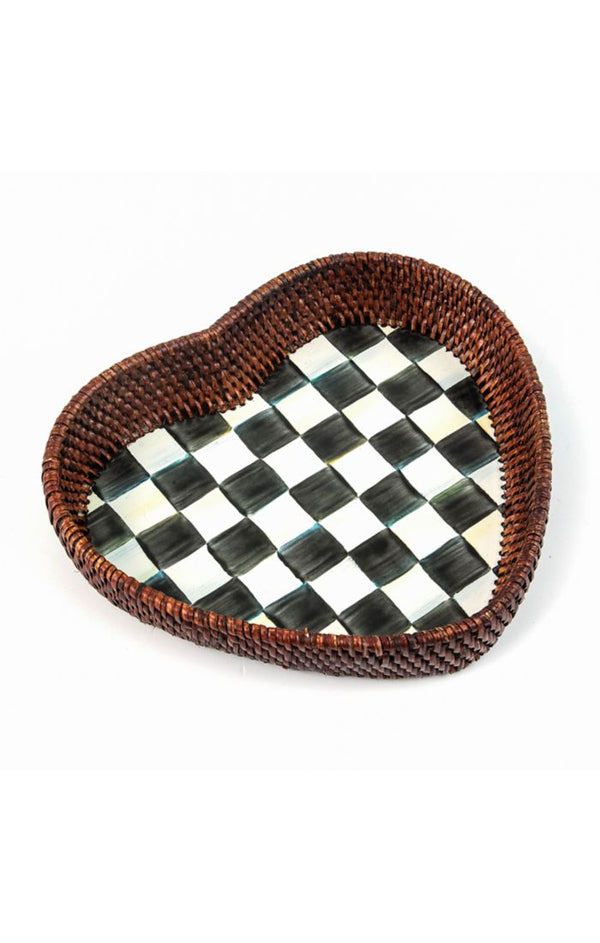 Mackenzie Childs Courtly Check Rattan and Enamel Heart Tray