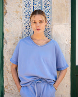 Frenchie V Neck Tee in Periwinkle Blue